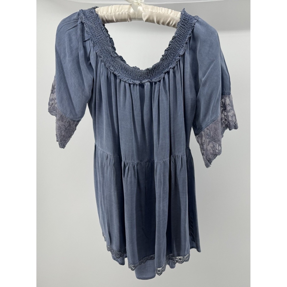 Umgee USA Blue Boho Peasant Blouse Top Lace Trim Short Sleeve Women's L Coquette - Picture 2 of 7